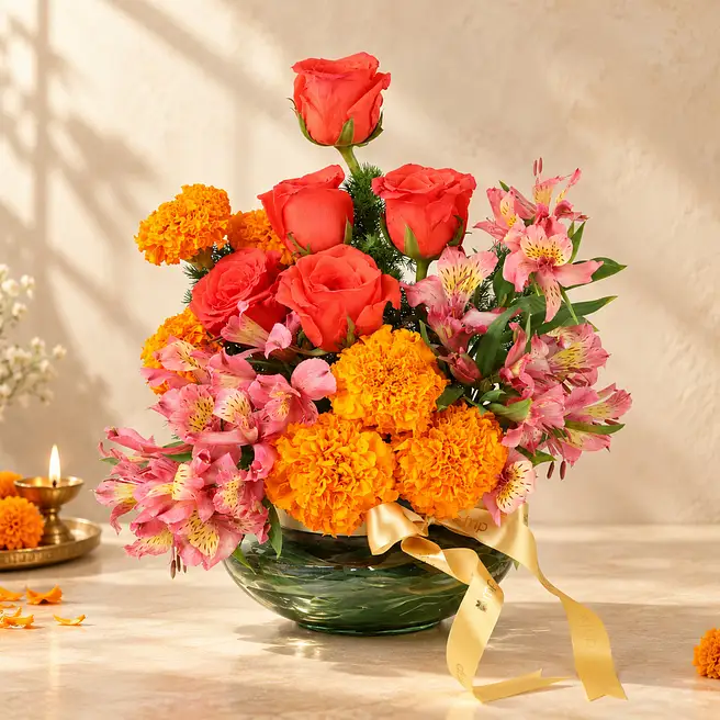 Festive Marigold Glass Bowl Arrangement