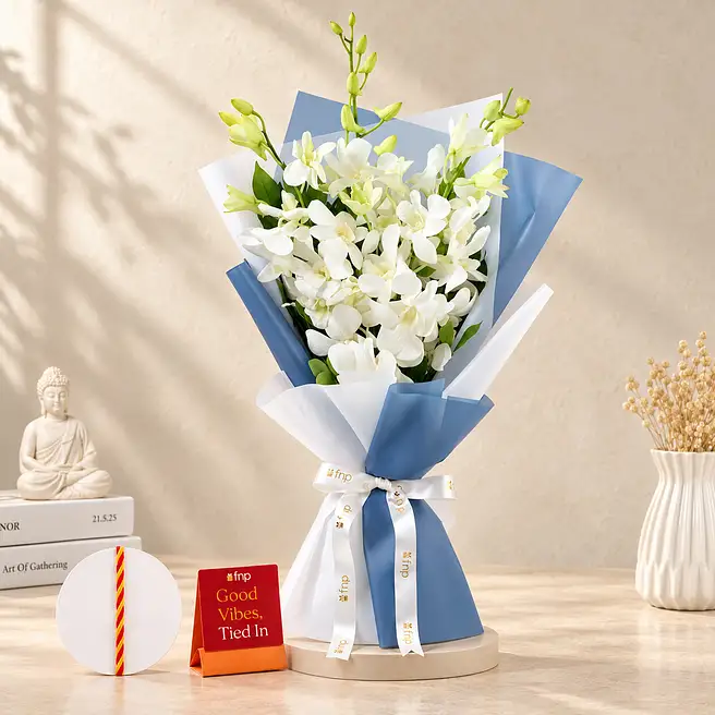 Serene White Orchids Bouquet N Bhai Dooj Tikka set