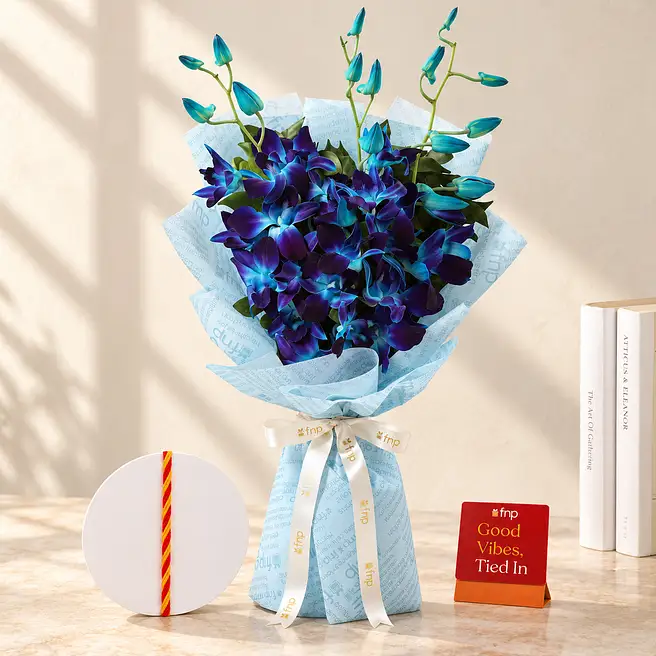 Vibrant Blue Orchid Bouquet N Bhai Dooj Tikka Set