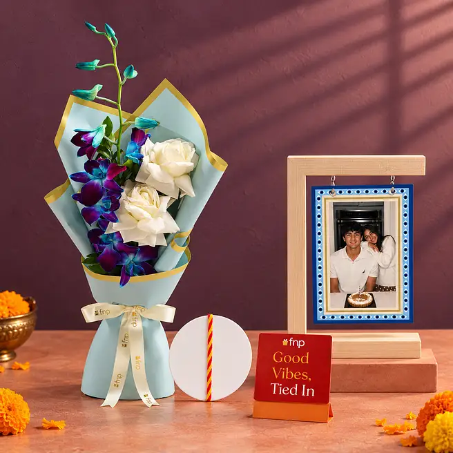 Bhai Dooj Tikka with Orchid Bouquet N Photo Frame