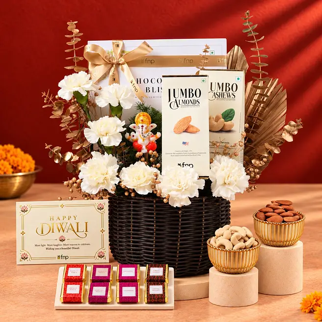 Divine Ganesha Carnations N Dry Fruits Luxe Basket