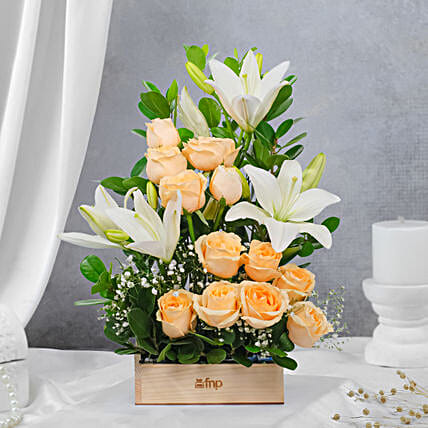 Peach Rose N White Lily Arrangement