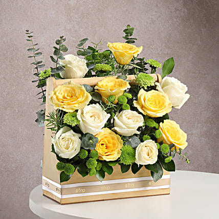 Yellow N White Rose in Rustic Wooden Base