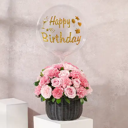 Blush Birthday Basket with Roses n Balloon-image-11