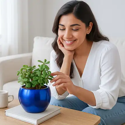 Green Jade Plant in Blue Metal Pot-picture-48