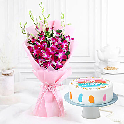 Pineapple Eggless Cake N Purple Orchid Bouquet