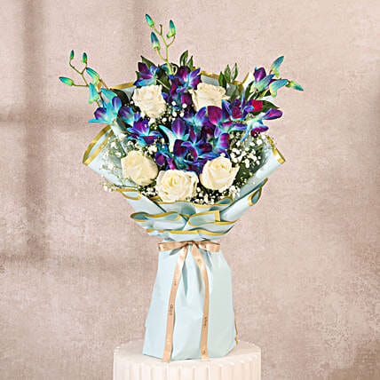 Blue Orchid n White Rose Hand Tied Bouquet
