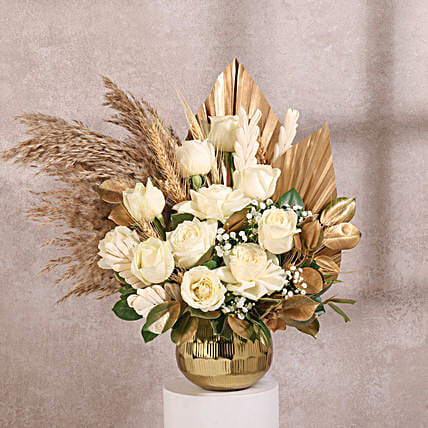 Golden White Rose Dried New Year Floral Arrangement