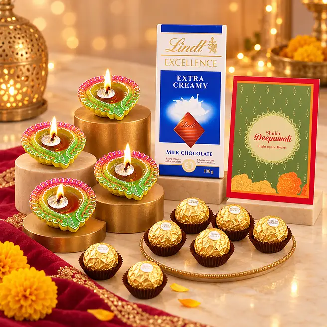 Diwali Greetings With Diyas And Chocolates