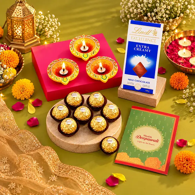 Happy Diwali Diyas With Greeting Card & Chocolates