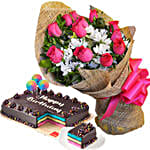Romantic Red Roses Bouquet And Chocolate Cake