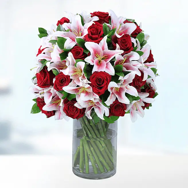 Red Roses Pink Liles In Vase qatar | Gift Red Roses Pink Liles In Vase- FNP