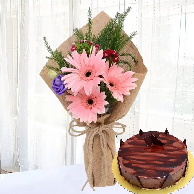 Pink Gerberas & Chocolate Ganache Cake