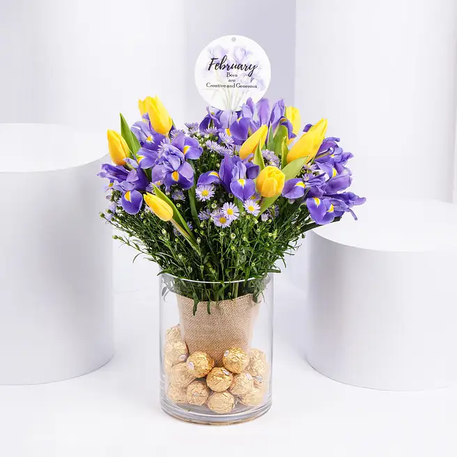 Feb Birthday Flower Iris & Tulips with Rochers