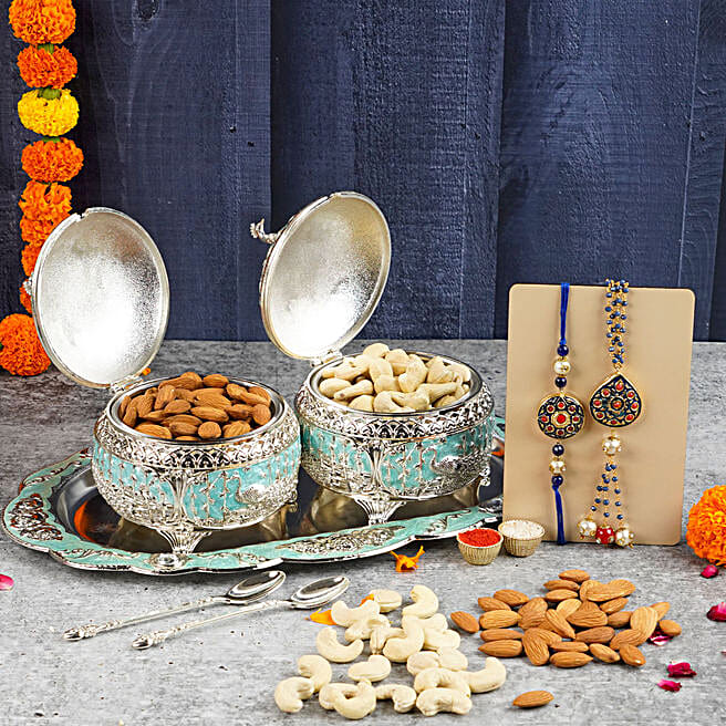 Raksha Sutra Bhaiya Bhabhi Rakhis Dry Fruits Silver Platter