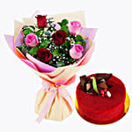Pink and Red Roses with Red Velvet Cake