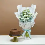 Elegance White Roses Bouquet with Cake