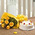 Spectacular - Bunch of 6 Yellow Roses with Pineapple Cake 500gms.