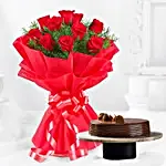 Eggless Chocolate Truffle Cake & Red Roses Bouquet