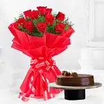 Eggless Chocolate Truffle Cake and Red Roses Bouquet