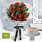 Elegant Vibe Red Roses Bouquet N Pineapple Cake