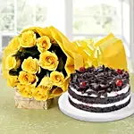 Perfect Combo To Gift - Bunch of 12 Yellow Roses with 500gm Blackforest Cake.