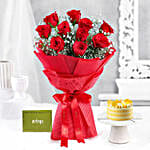 Butterscotch Bento Cake N Crimson Rose Bouquet