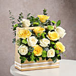 Yellow N White Rose in Rustic Wooden Base