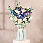 Blue Orchid n White Rose Hand Tied Bouquet