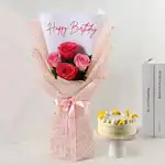Butterscotch Bento Cake N Pink Rose Bouquet