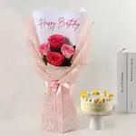 Butterscotch Bento Cake with Pink Rose Bouquet