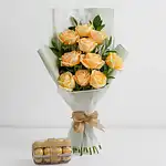 Peach Roses Bunch and Ferrero Rocher