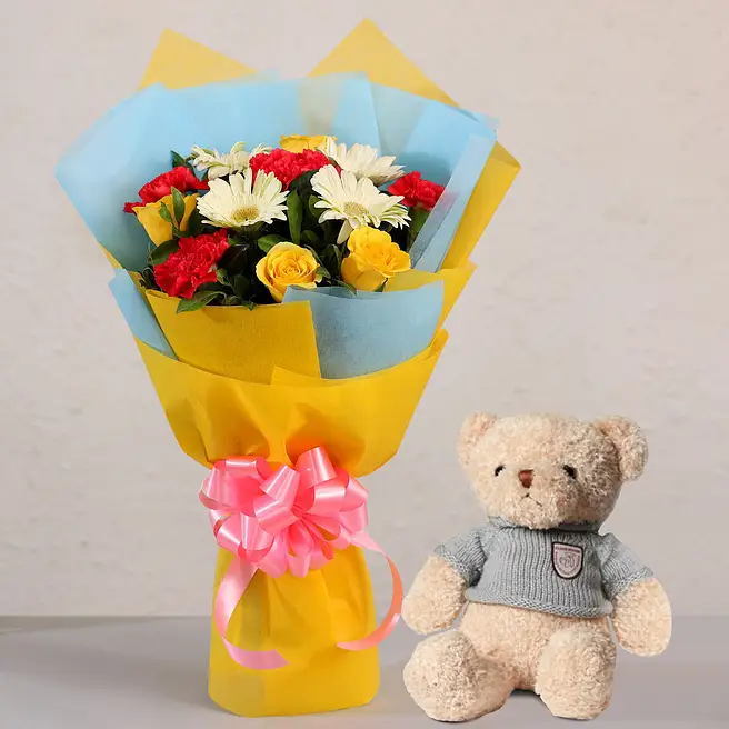 Mixed Flowers White Gerberas Bouquet with Teddy Bear singapore | Gift ...