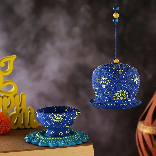 Blue Flower Base Diya With Bell singapore | Gift Blue Flower Base Diya ...