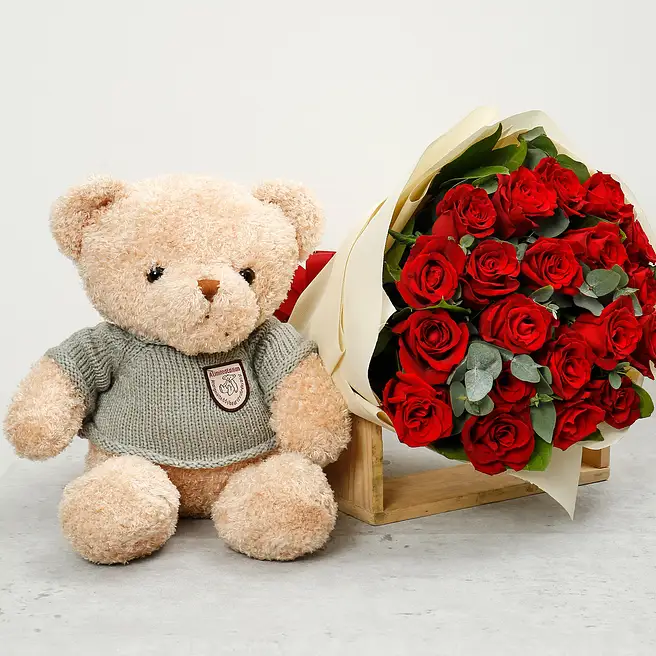 Adorable Brown Teddy Bear and Red Roses Bouquet uae | Gift Adorable ...