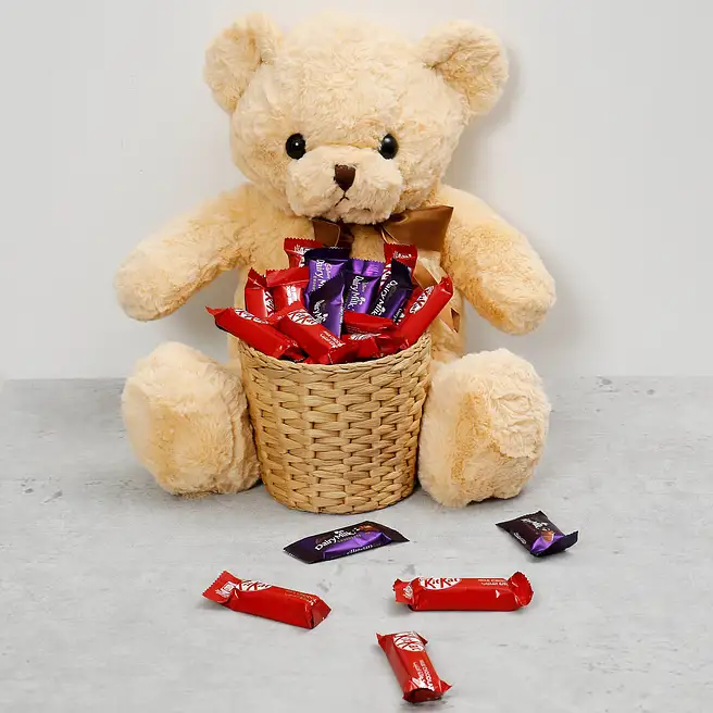 Light Brown Teddy Bear With Chocolate Basket uae | Gift Light Brown ...