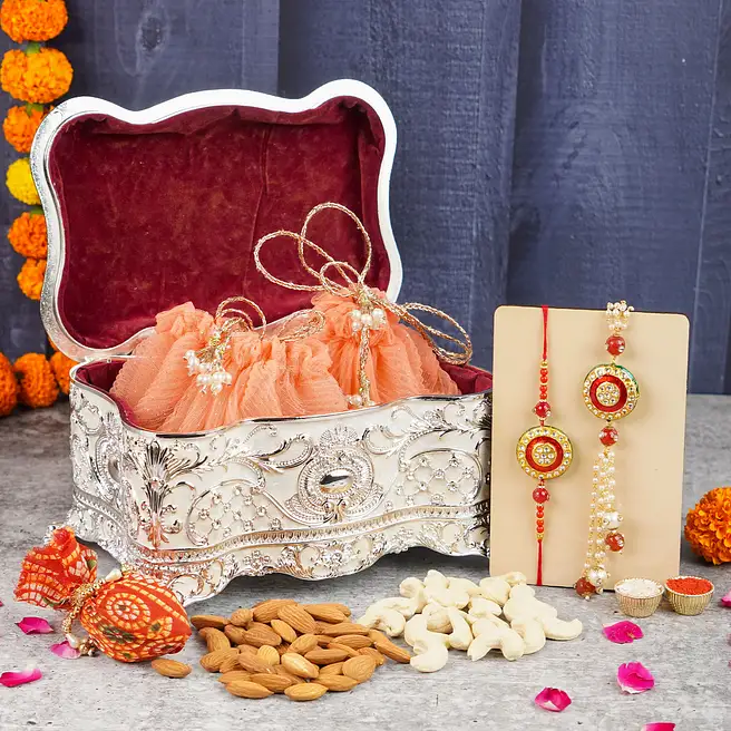 Shubh Sargam Bhaiya Bhabhi Rakhis & Dryfruits Silver Box uae | Gift