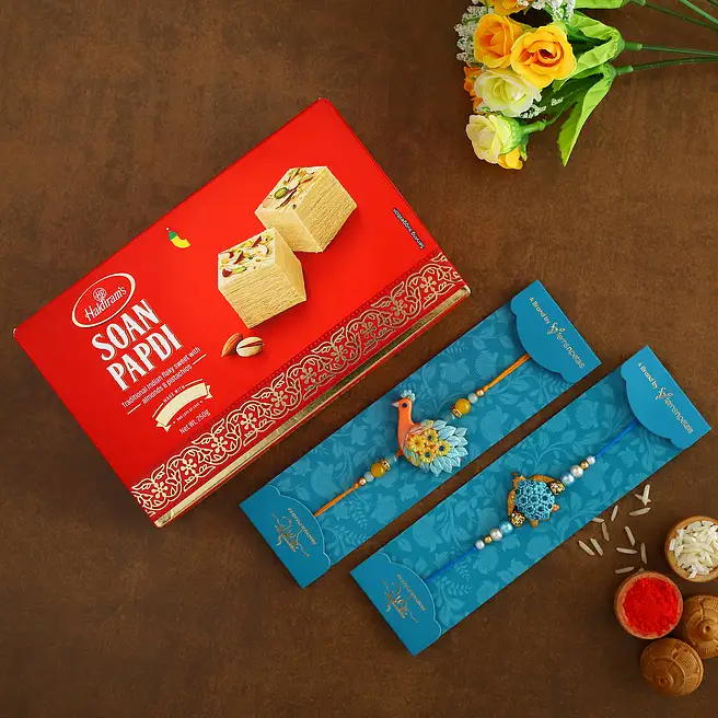Turtle Raki Peacock And Turtle Rakhi Set With Soan Papdi uk | Gift Peacock And ...