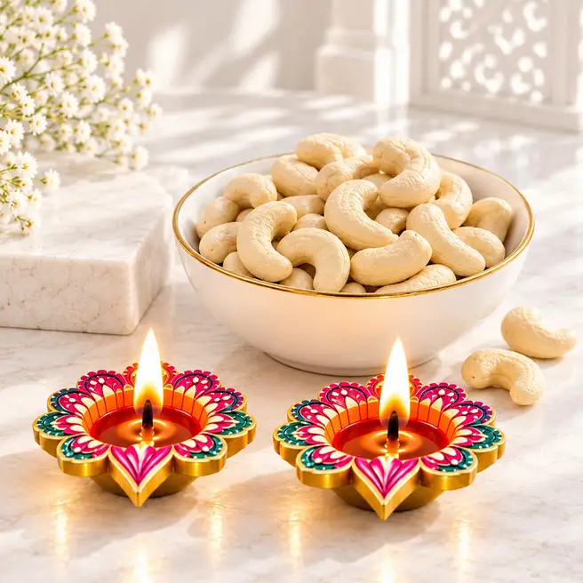 Floral Diyas With Greeting Card And Cashews