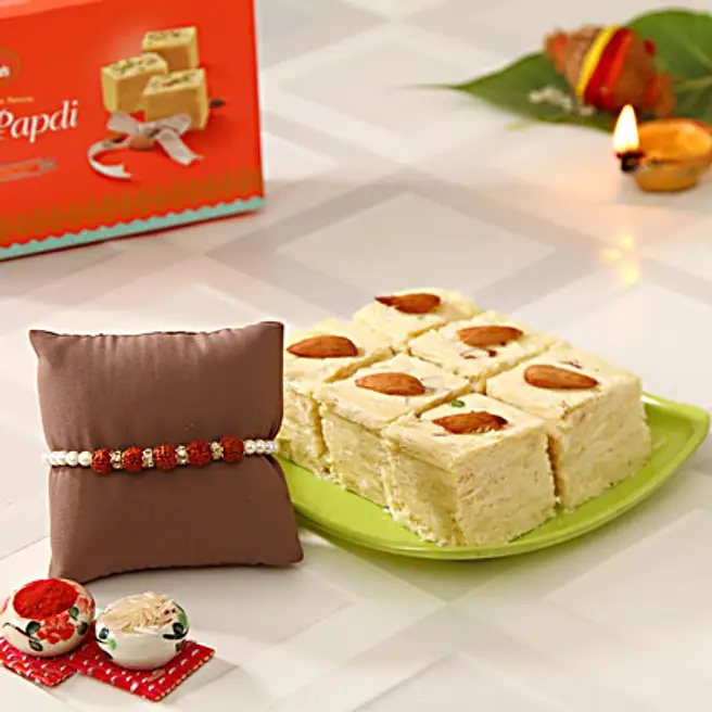Papi Raksha Pearl N Rudraksh Rakhi With Soan Papdi usa | Gift Pearl N Rudraksh ...