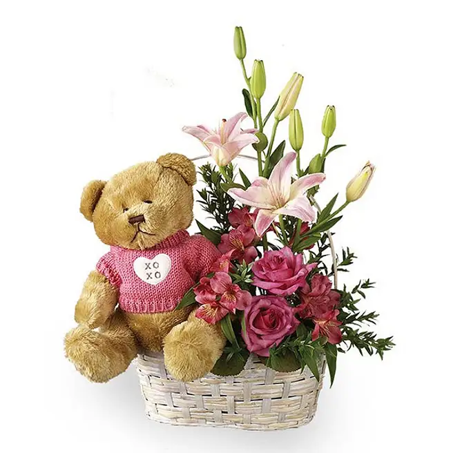 Roses And Lilies Basket Arrangement With Cute Teddy usa | Gift Roses ...