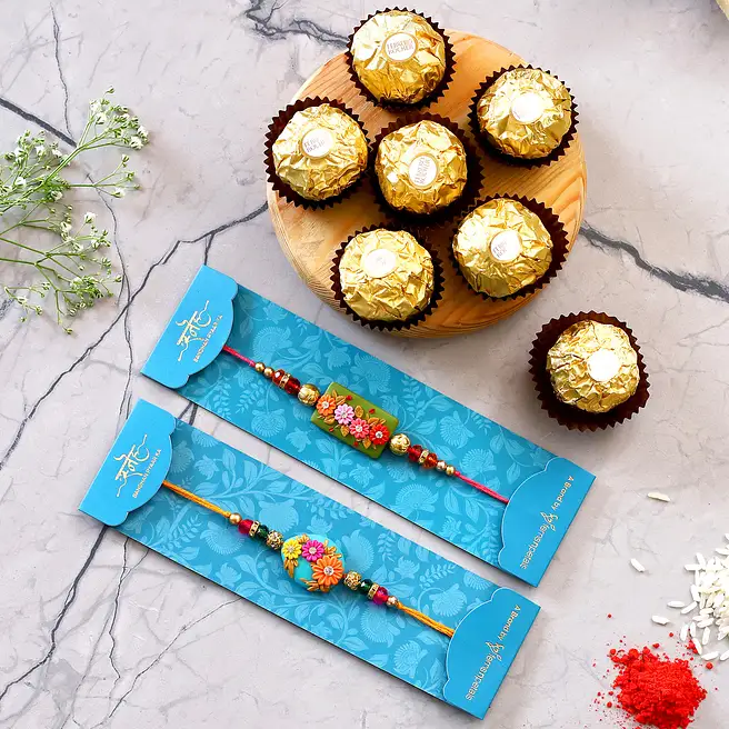Rectangular And Oval Floral Rakhi Set With 3 Pcs Ferrero Rocher usa ...