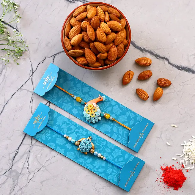 Turtle Raki Peacock And Turtle Rakhi Set With Healthy Almonds usa | Gift Peacock ...