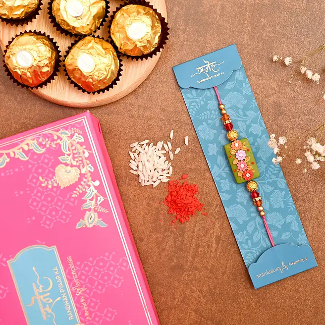Rectangular Floral Kids Rakhi And 3 Pcs Ferrero Rocher Exp usa | Gift ...