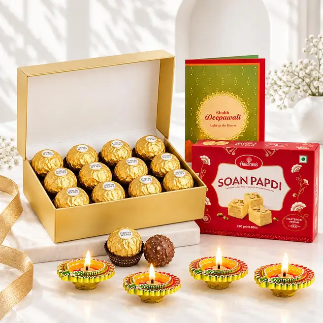 Designer Diyas With Soan Papdi And Chocolates