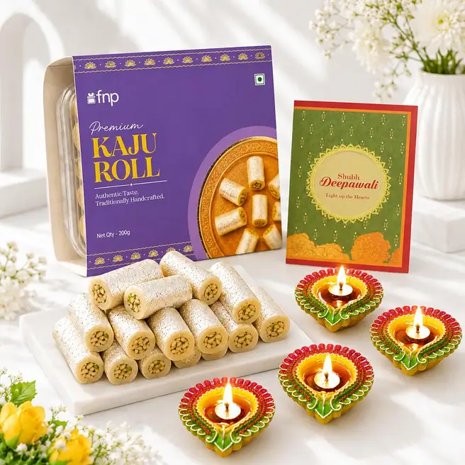 Decorative Floral Diyas With Greeting Card And Kaju Katli