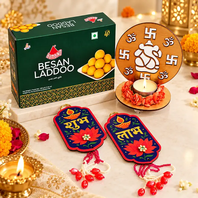 Ganesha T-Light Lamp & Besan Laddoo Hamper