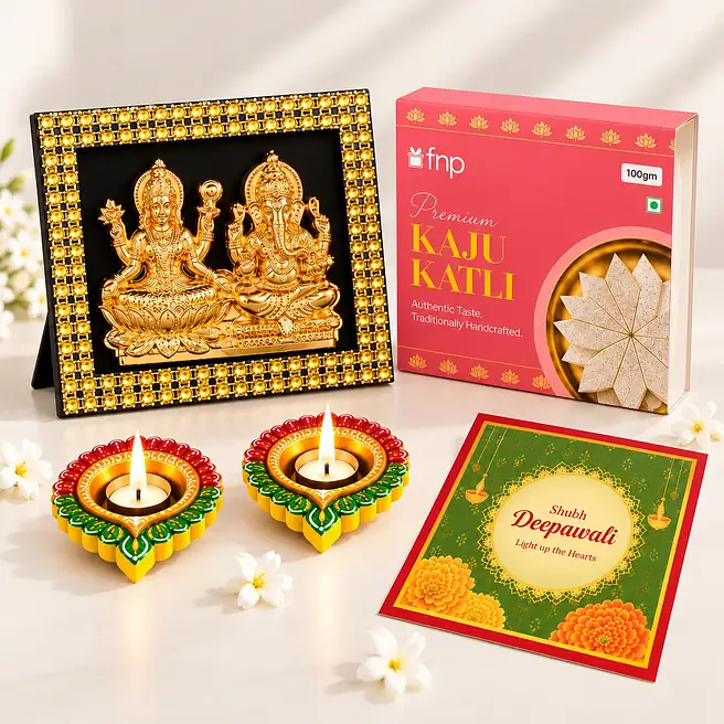 Golden Laxmi Ganesh Frame & Mithai Diwali Set