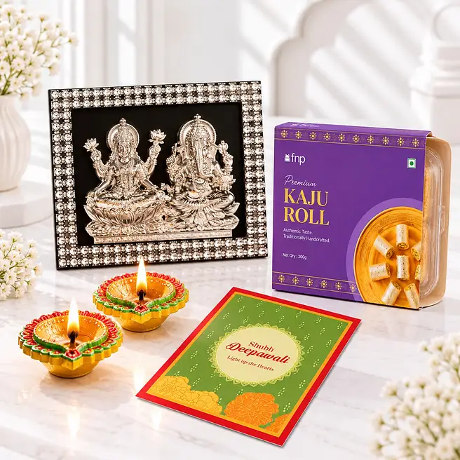 Silver Laxmi Ganesh Frame & Mithai Diwali Set