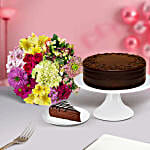 Mixed Flowers Bunch And Chocolate Cake